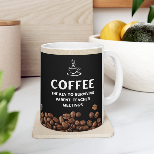 Black Coffee Mug 11oz - The Key to Surviving Parent-Teacher Meetings