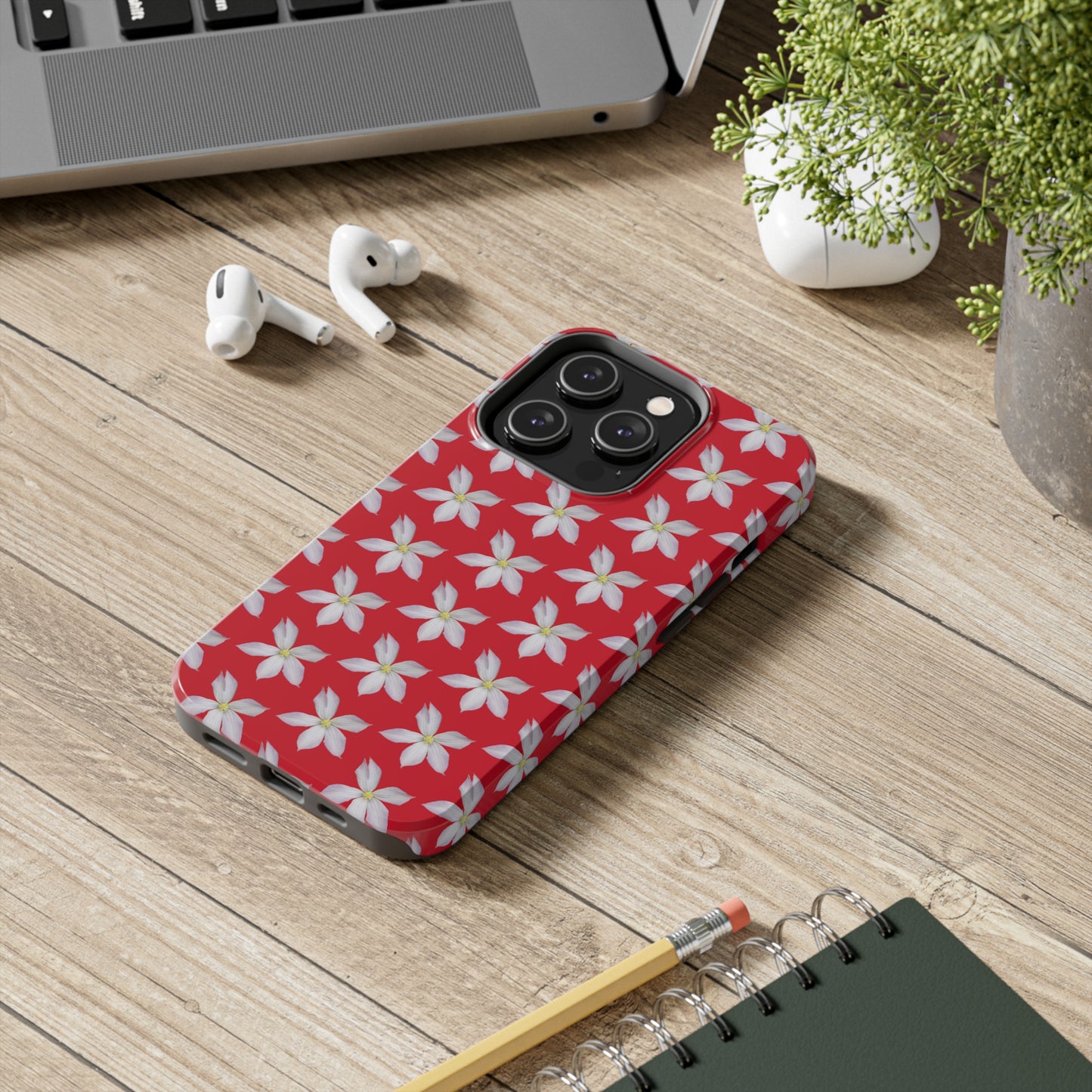 White Clematis Red Tough Phone Case