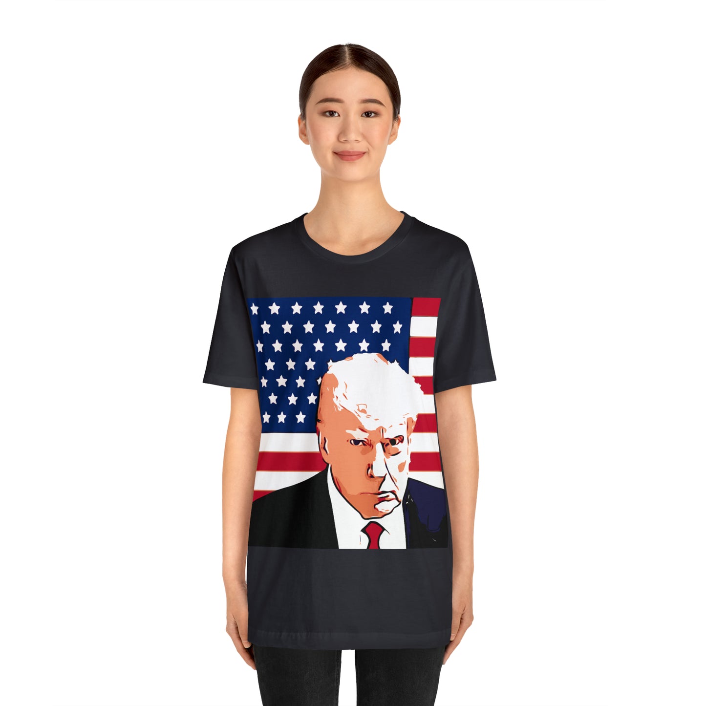 Trump Mug Shot American Flag -   Unisex Jersey Short Sleeve Tee