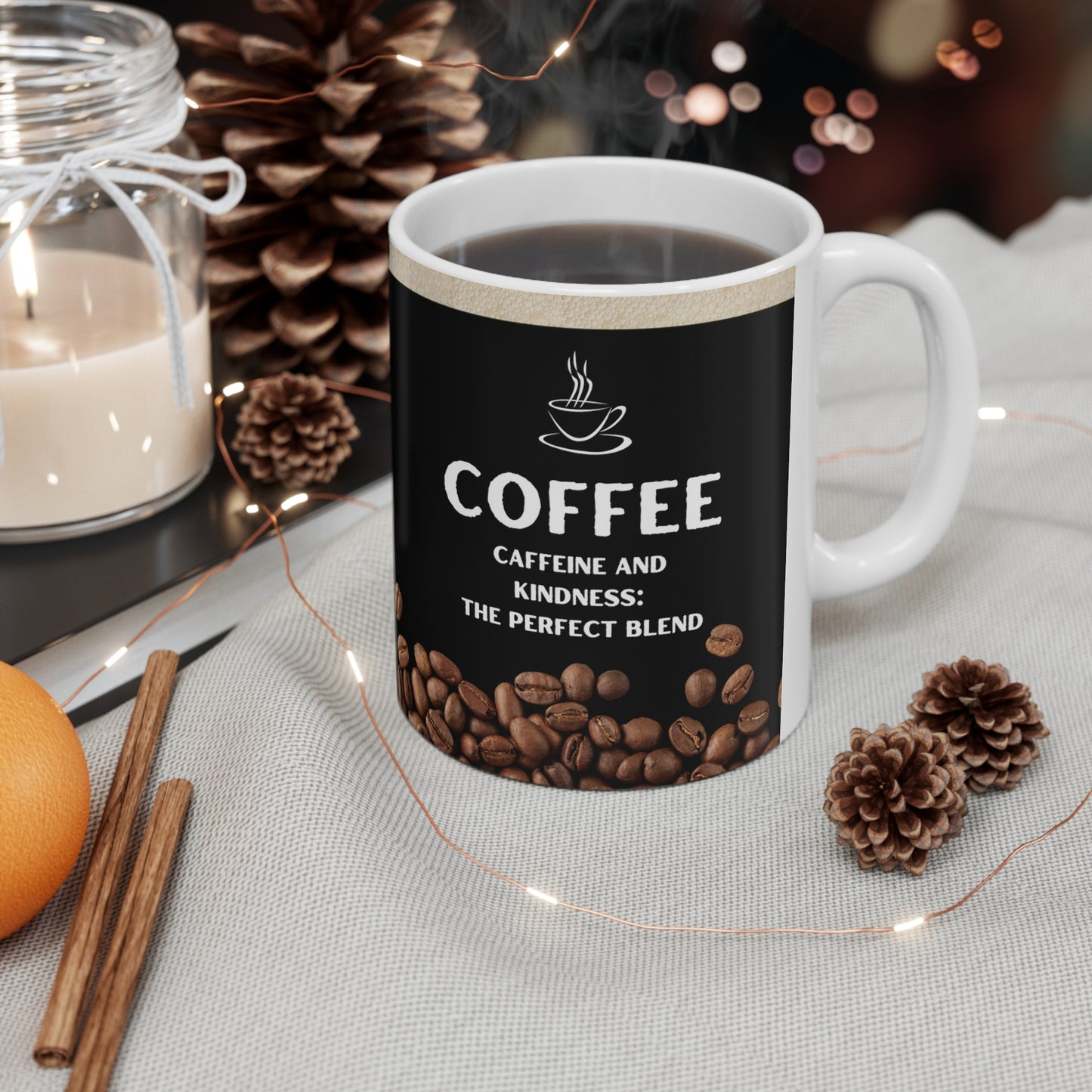 Black Coffee Mug 11oz - Caffeine and Kindness