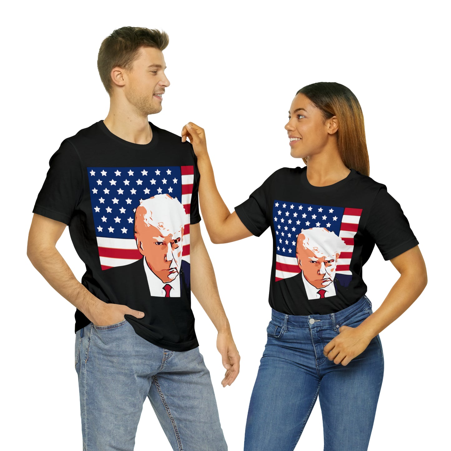 Trump Mug Shot American Flag -   Unisex Jersey Short Sleeve Tee