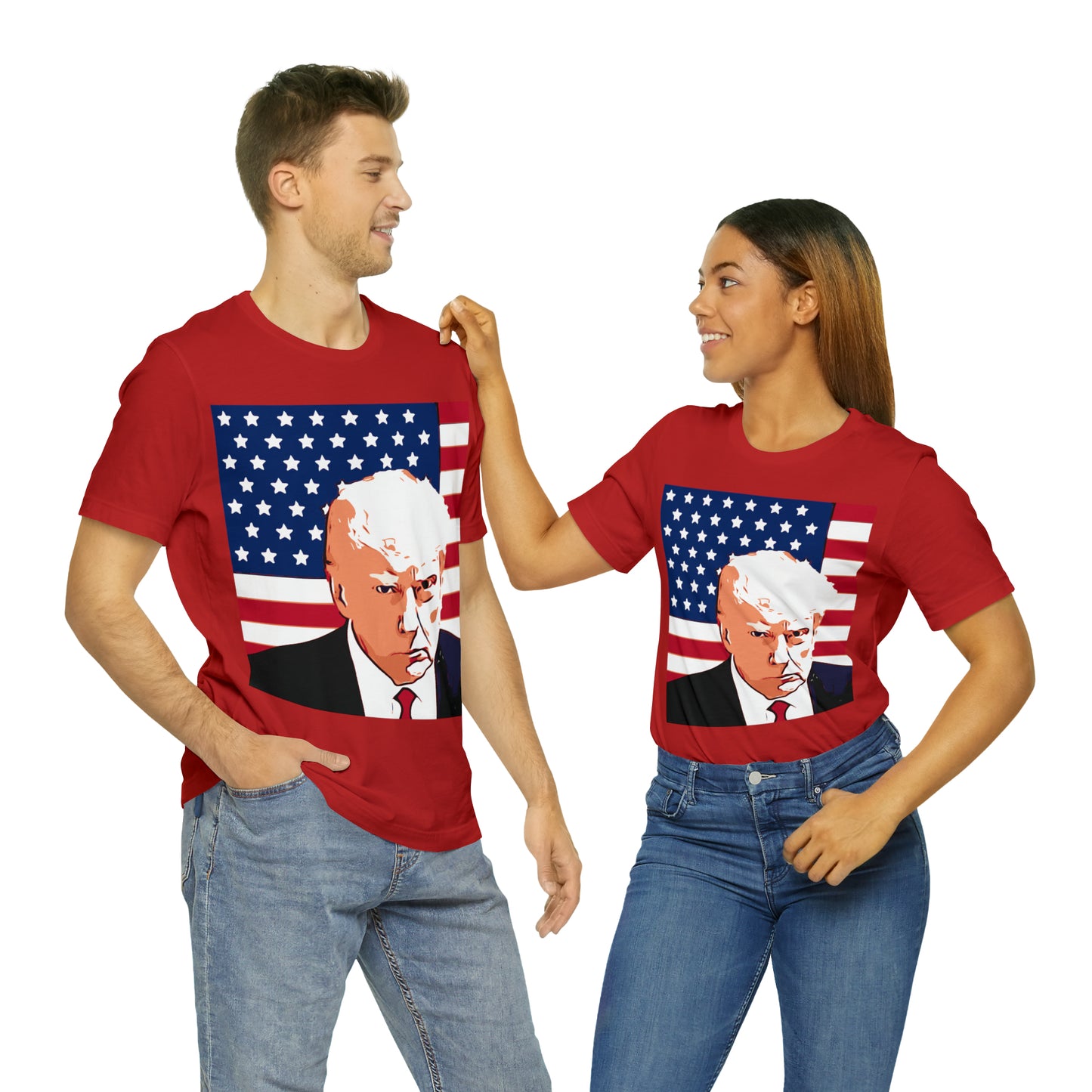 Trump Mug Shot American Flag -   Unisex Jersey Short Sleeve Tee