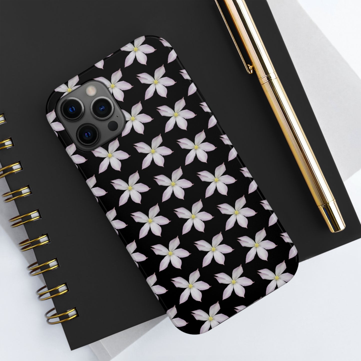 White Clematis Black Tough Phone Case