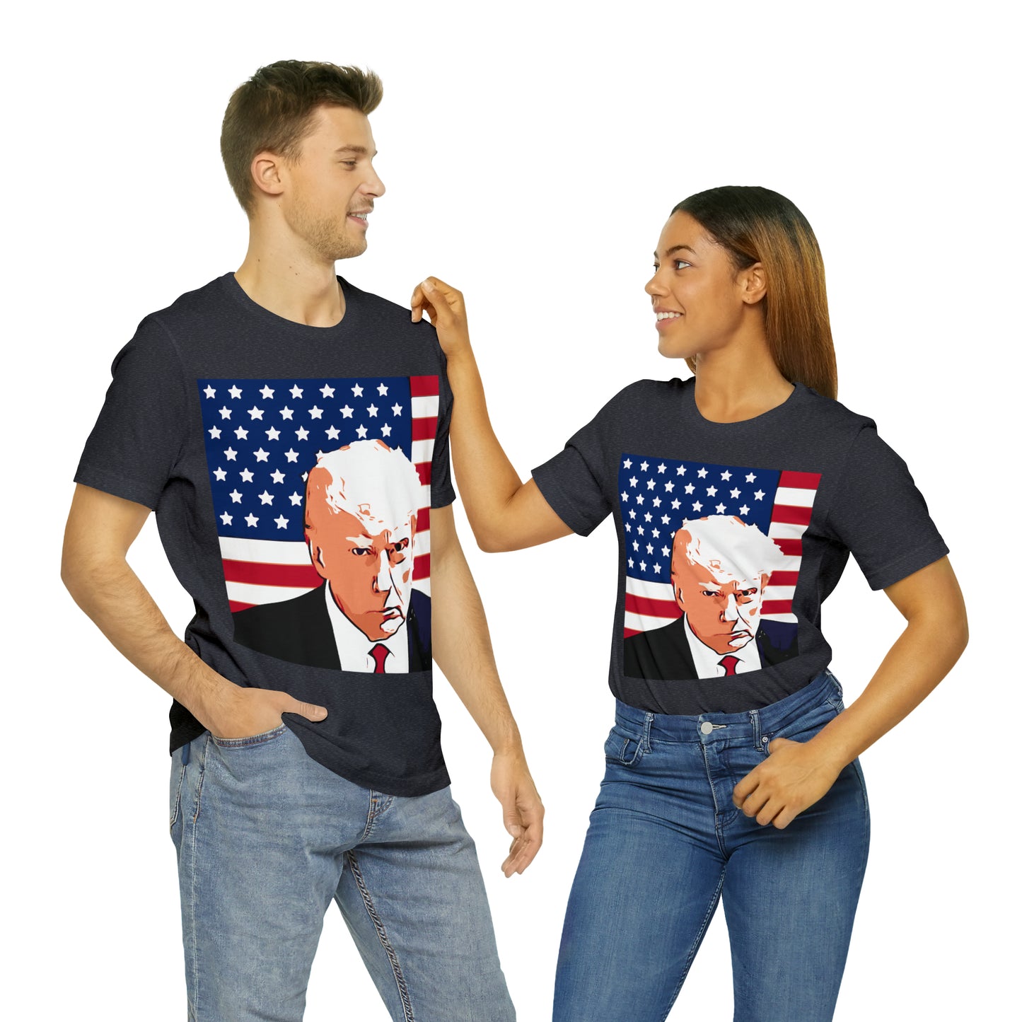 Trump Mug Shot American Flag -   Unisex Jersey Short Sleeve Tee