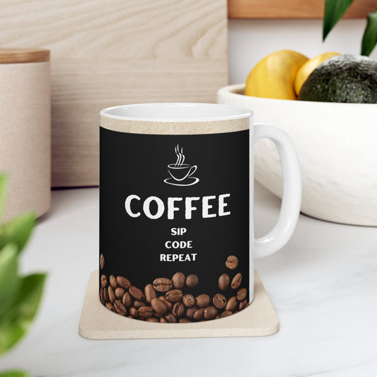 Black Coffee Mug 11oz - Sip, Code, Repeat