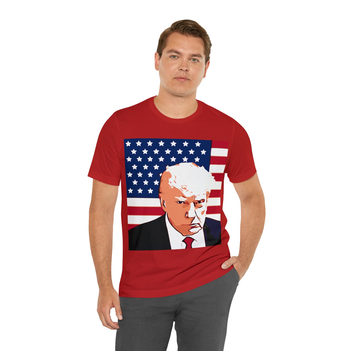 Trump Mug Shot American Flag -   Unisex Jersey Short Sleeve Tee