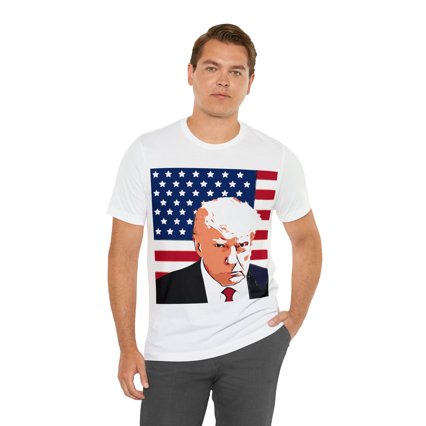 Trump Mug Shot American Flag -   Unisex Jersey Short Sleeve Tee