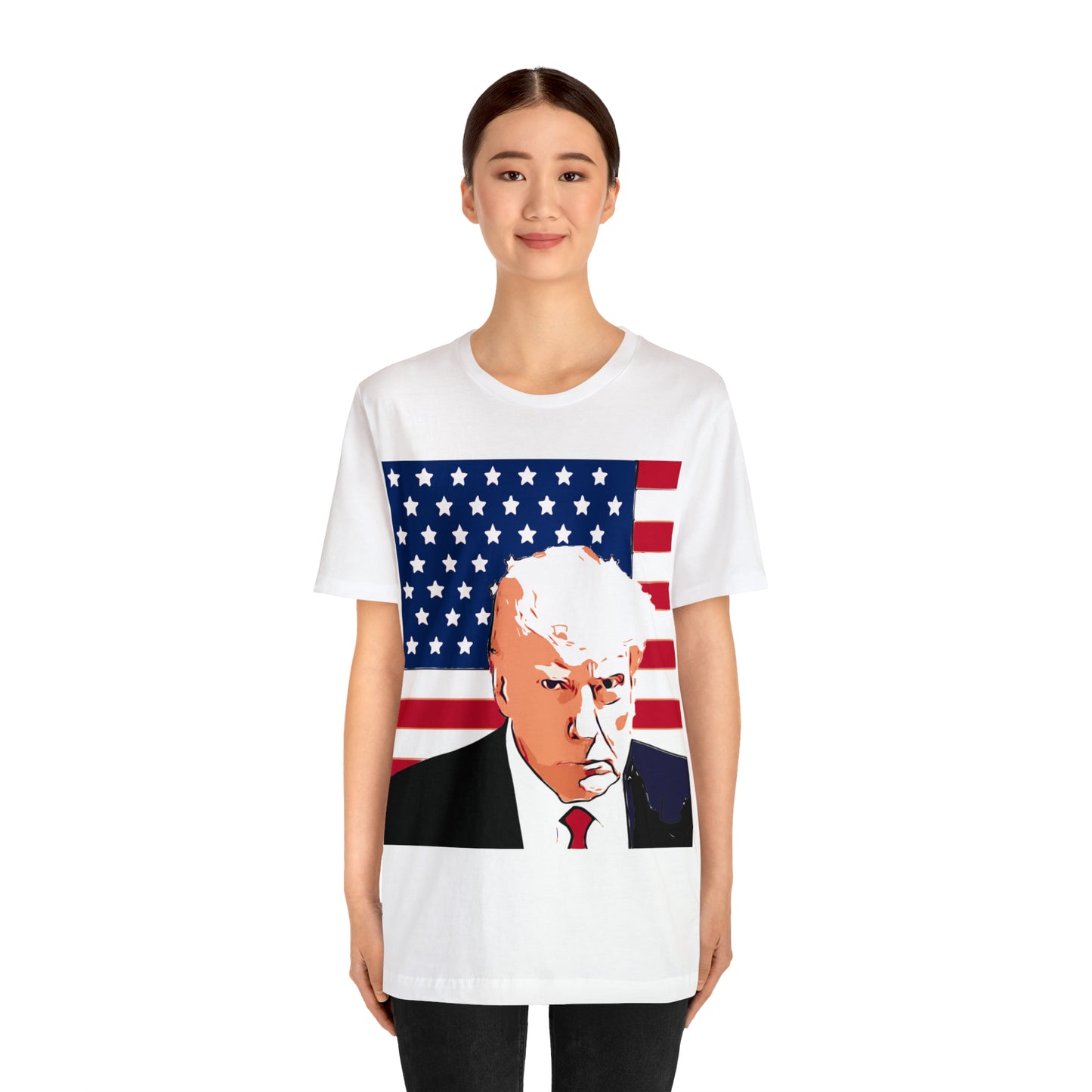 Trump Mug Shot American Flag -   Unisex Jersey Short Sleeve Tee