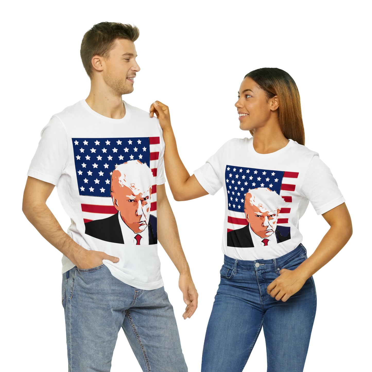 Trump Mug Shot American Flag -   Unisex Jersey Short Sleeve Tee