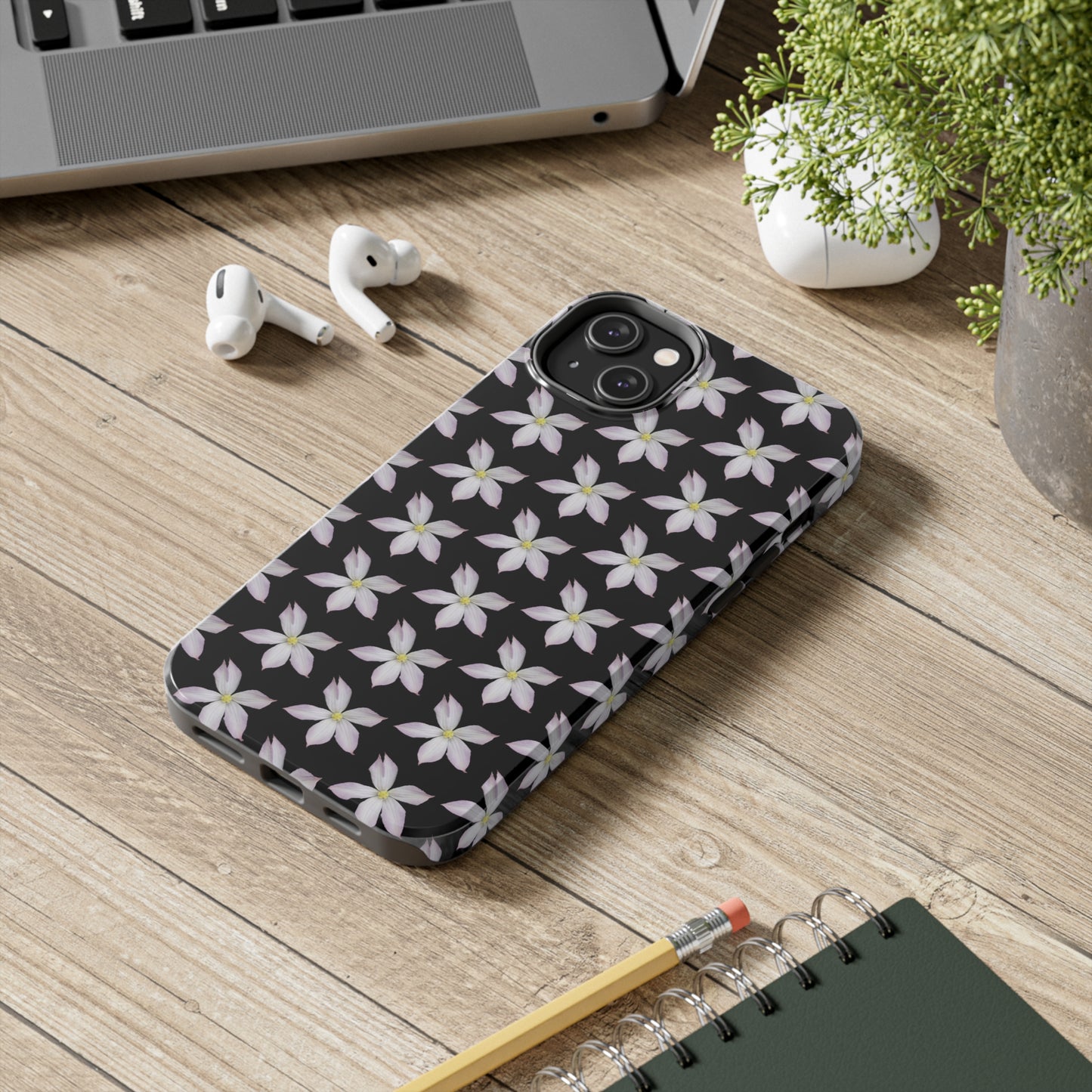 White Clematis Black Tough Phone Case