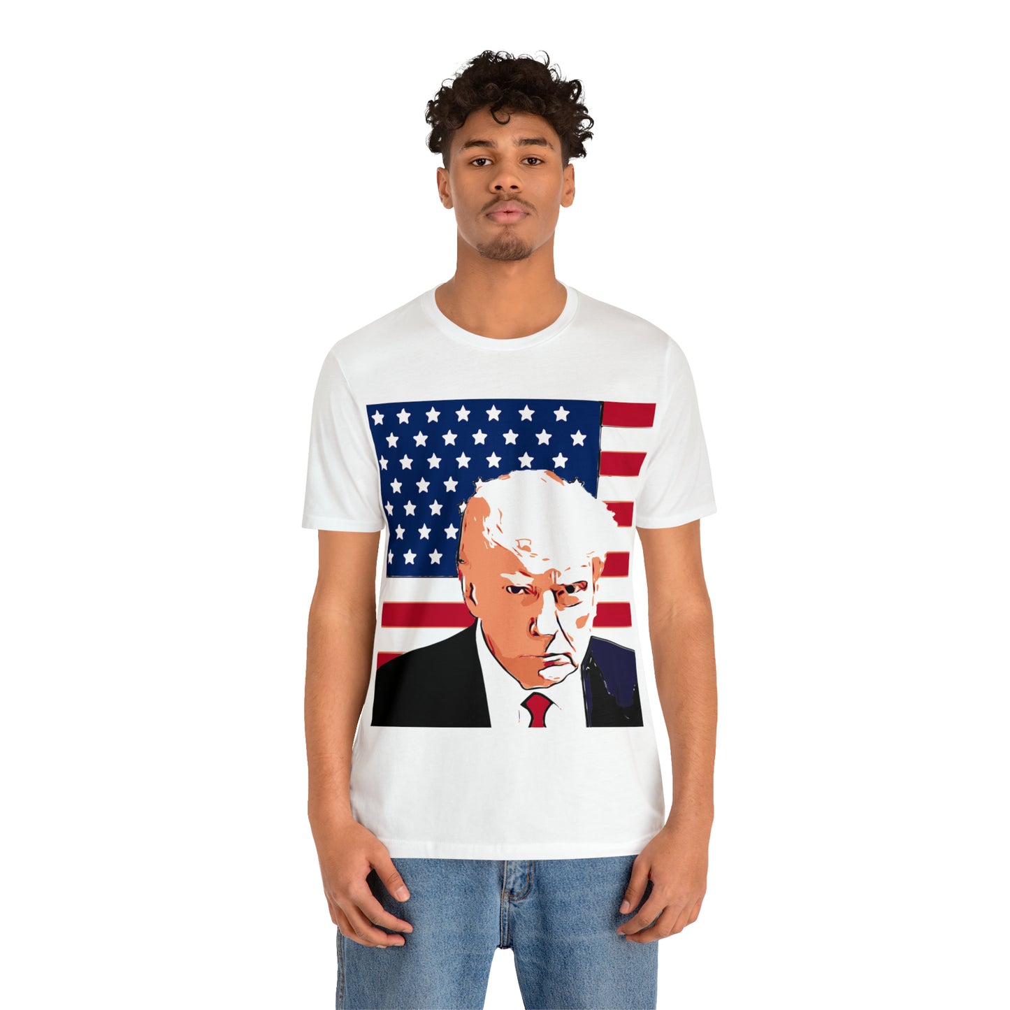 Trump Mug Shot American Flag -   Unisex Jersey Short Sleeve Tee