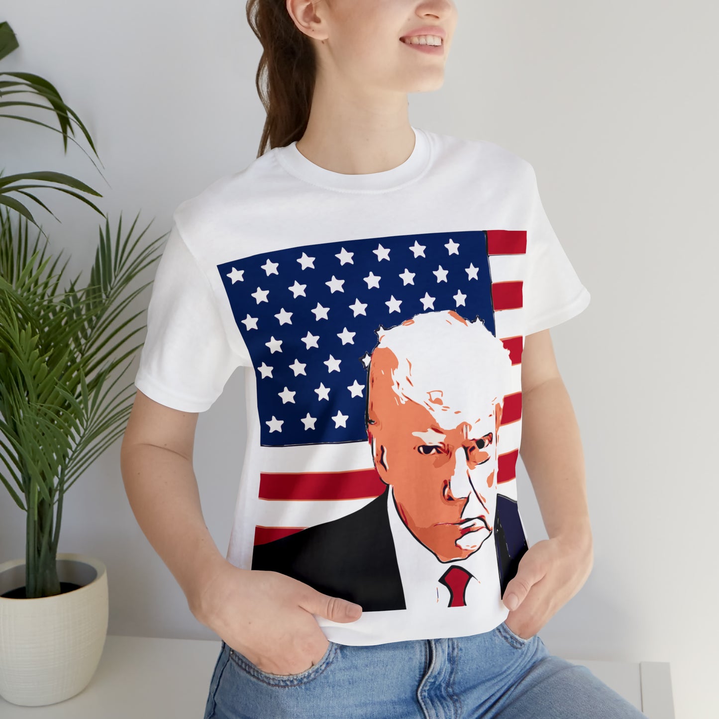 Trump Mug Shot American Flag -   Unisex Jersey Short Sleeve Tee