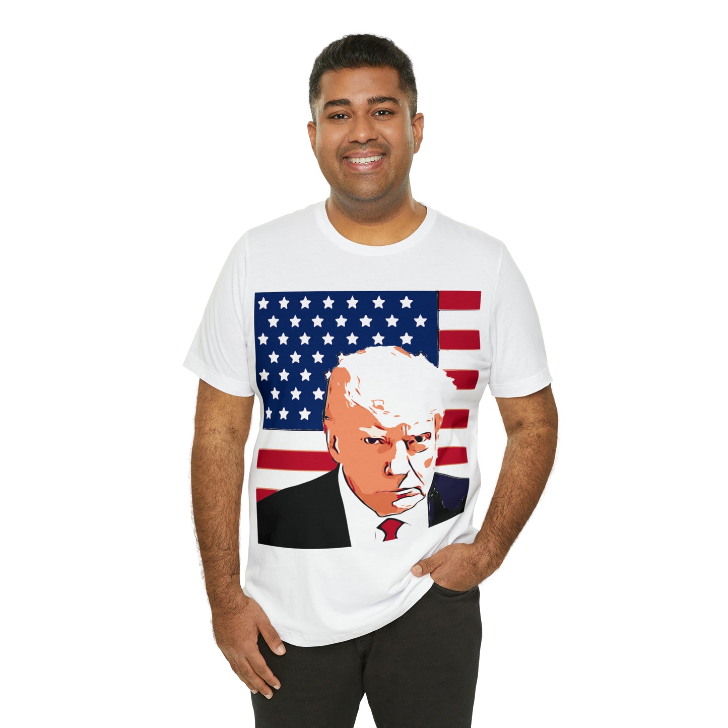 Trump Mug Shot American Flag -   Unisex Jersey Short Sleeve Tee