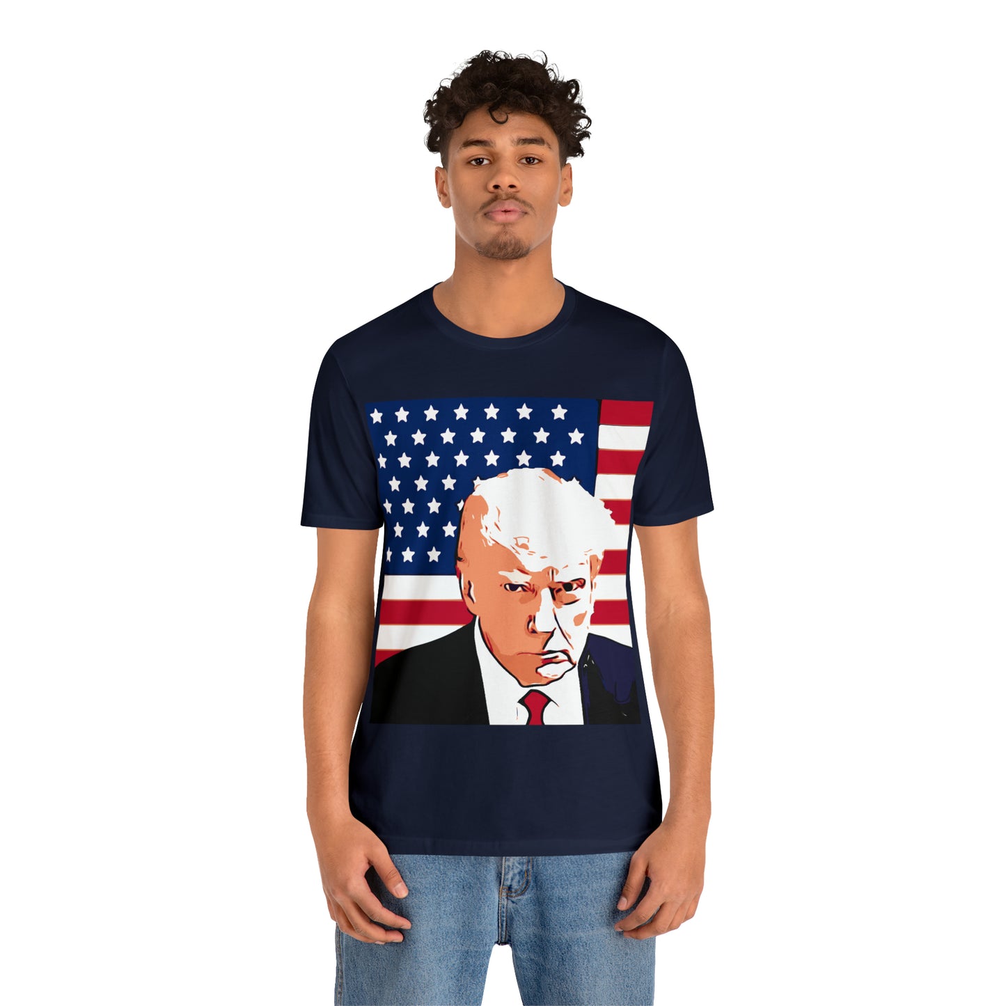 Trump Mug Shot American Flag -   Unisex Jersey Short Sleeve Tee