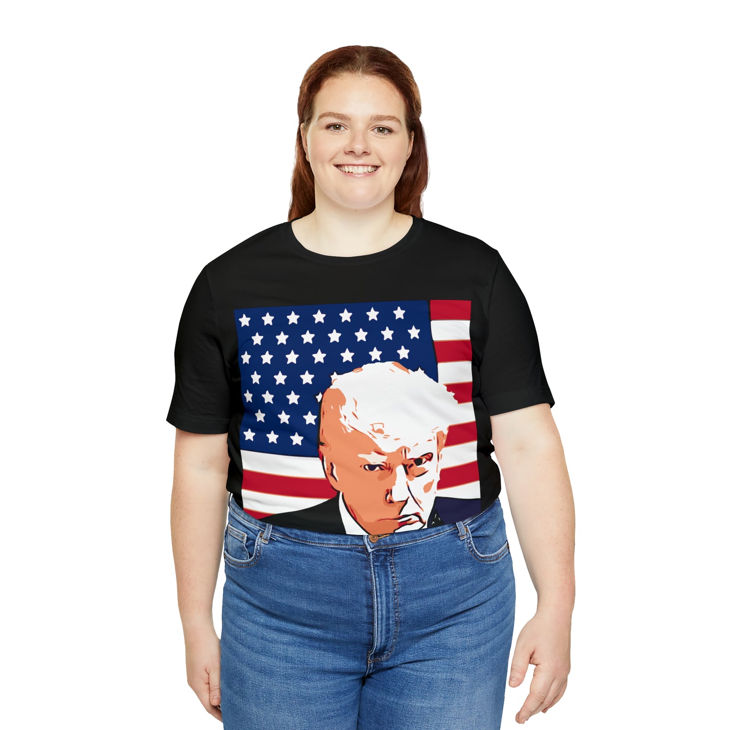 Trump Mug Shot American Flag -   Unisex Jersey Short Sleeve Tee