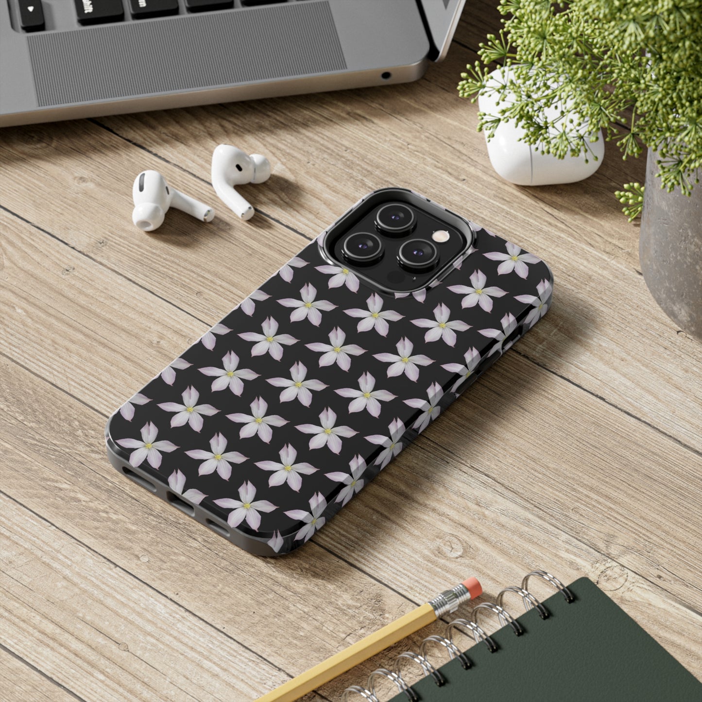 White Clematis Black Tough Phone Case