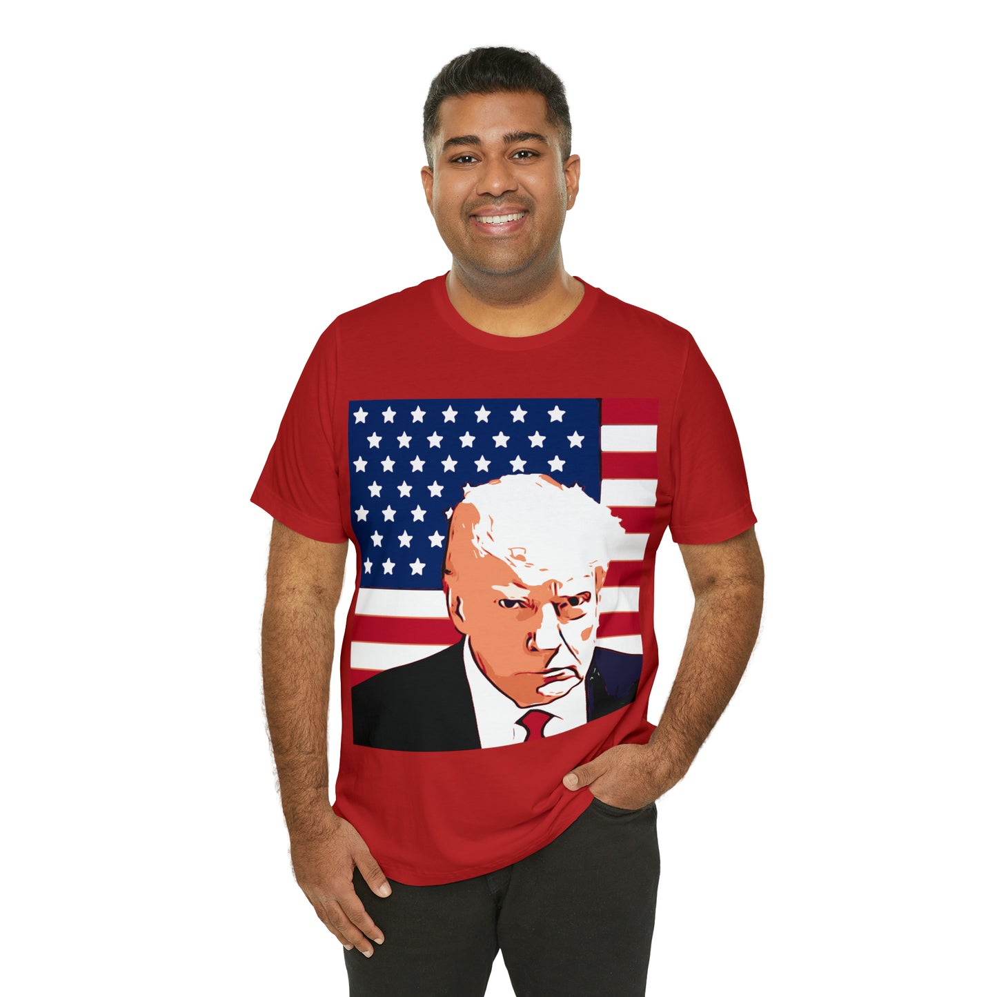 Trump Mug Shot American Flag -   Unisex Jersey Short Sleeve Tee