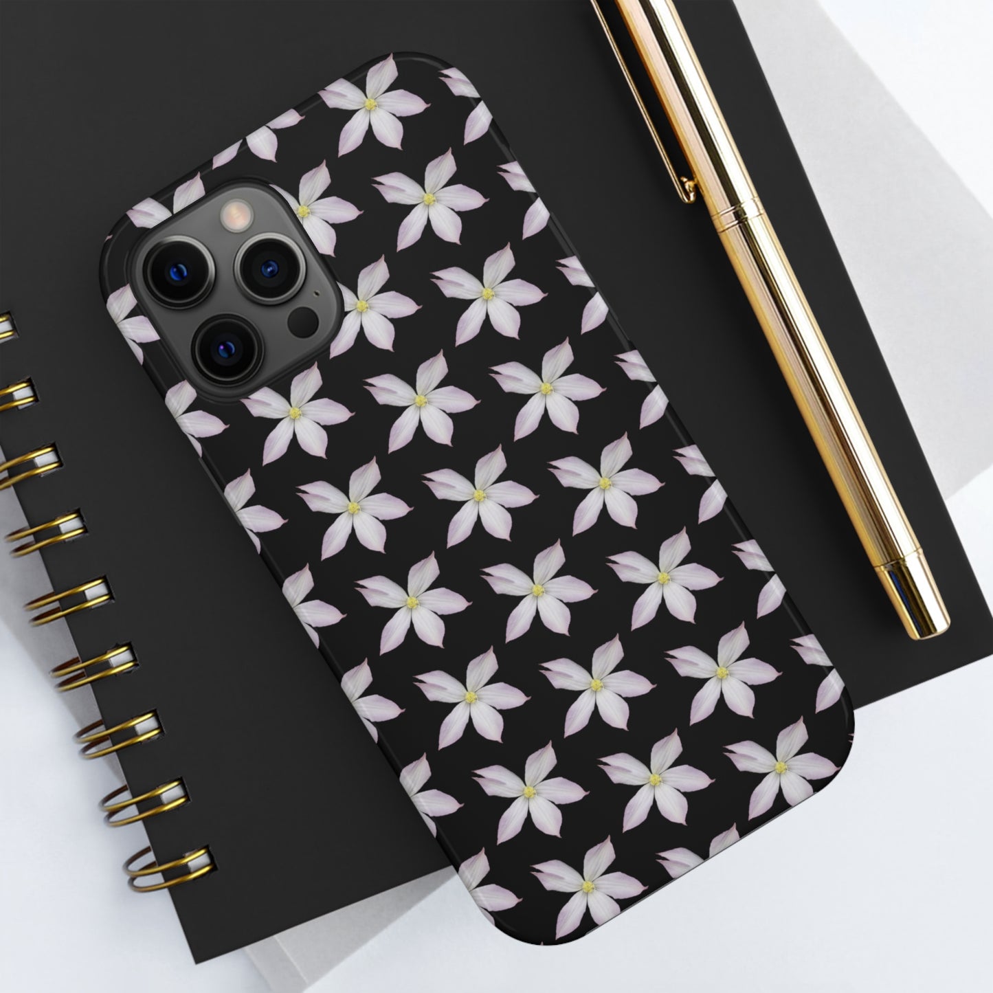 White Clematis Black Tough Phone Case