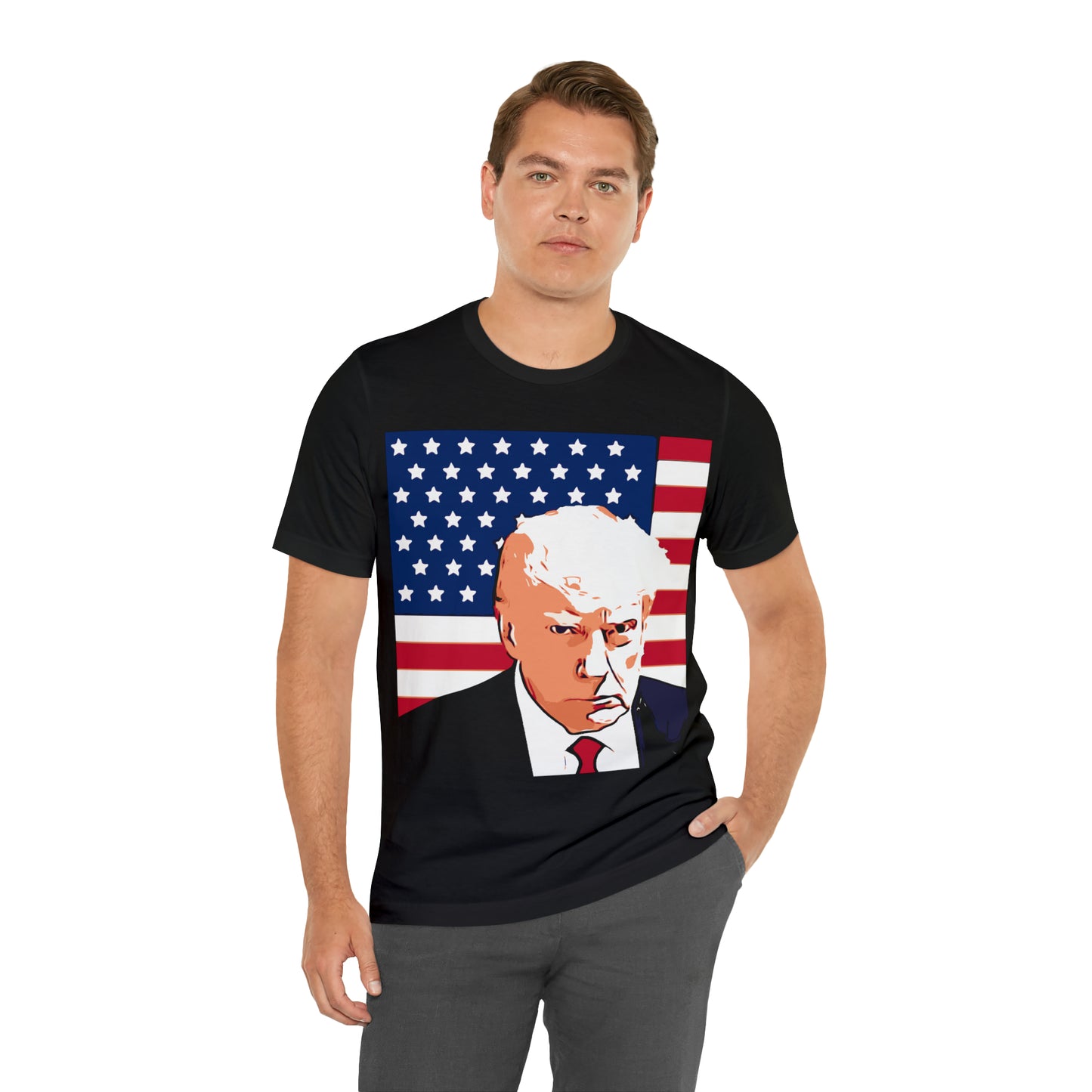 Trump Mug Shot American Flag -   Unisex Jersey Short Sleeve Tee