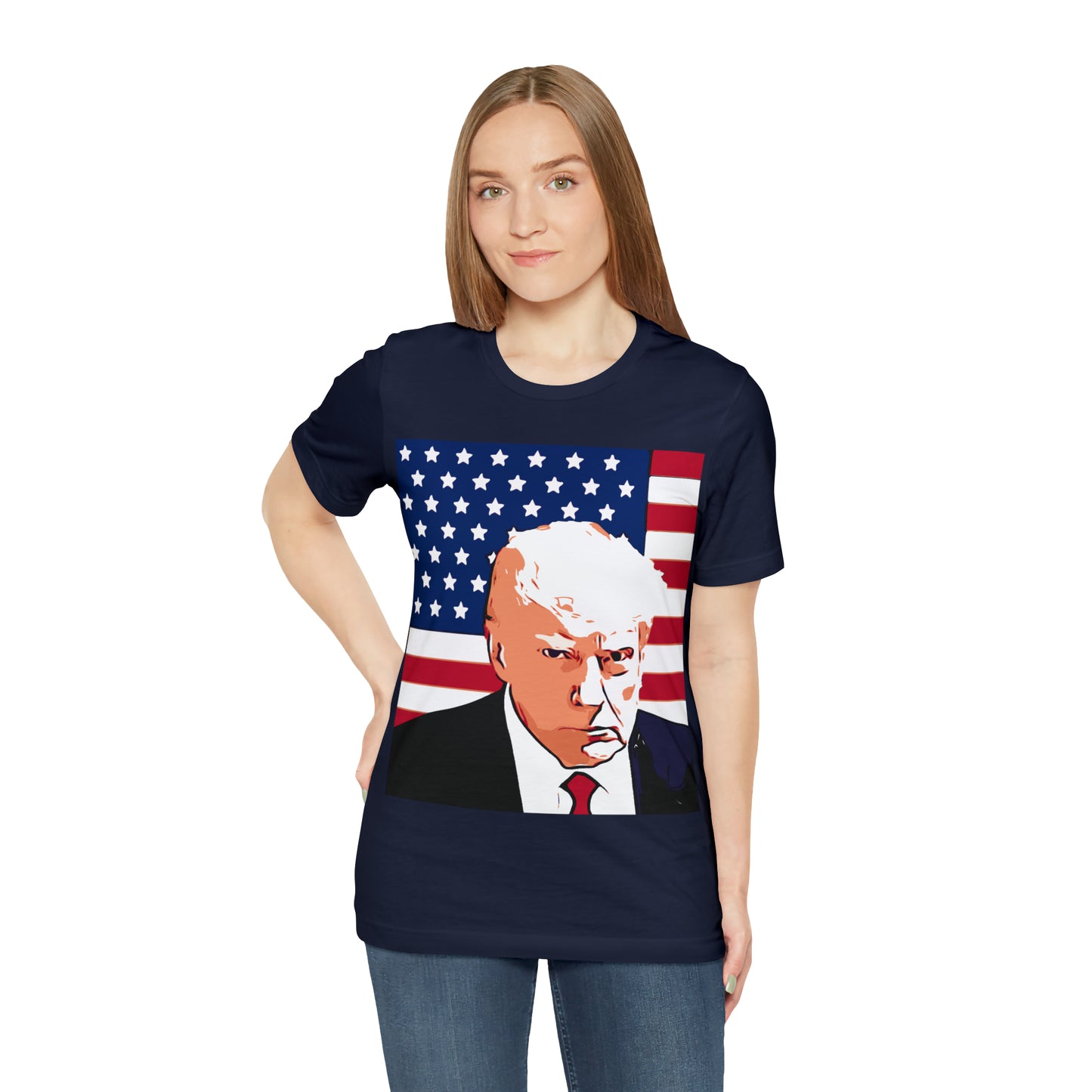 Trump Mug Shot American Flag -   Unisex Jersey Short Sleeve Tee