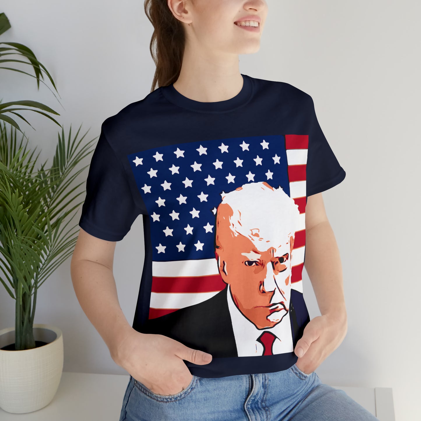 Trump Mug Shot American Flag -   Unisex Jersey Short Sleeve Tee