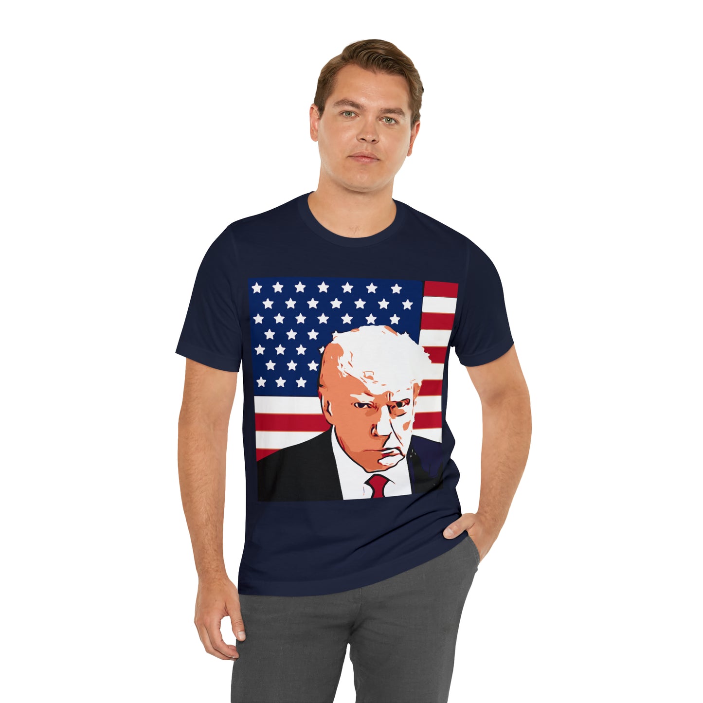 Trump Mug Shot American Flag -   Unisex Jersey Short Sleeve Tee