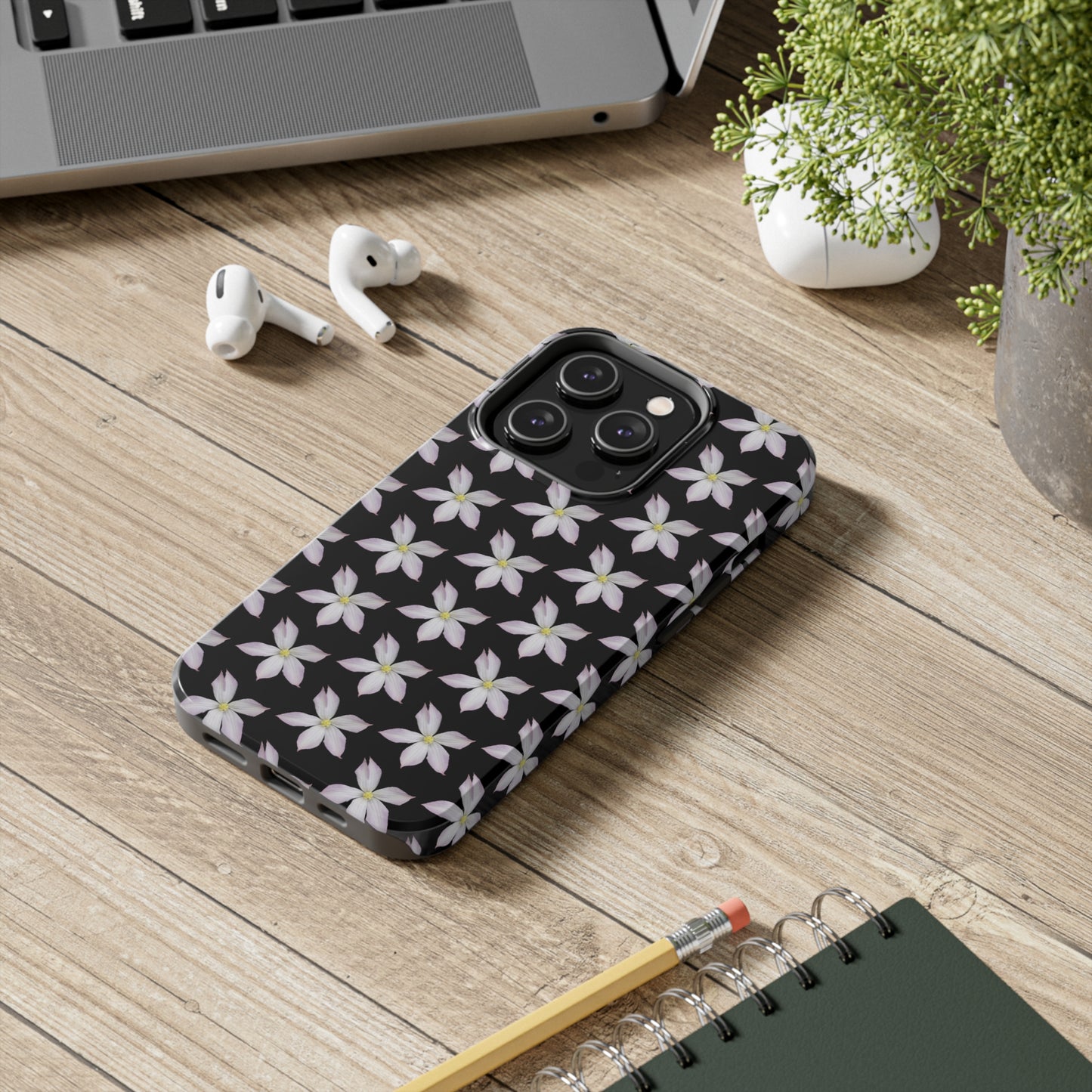 White Clematis Black Tough Phone Case