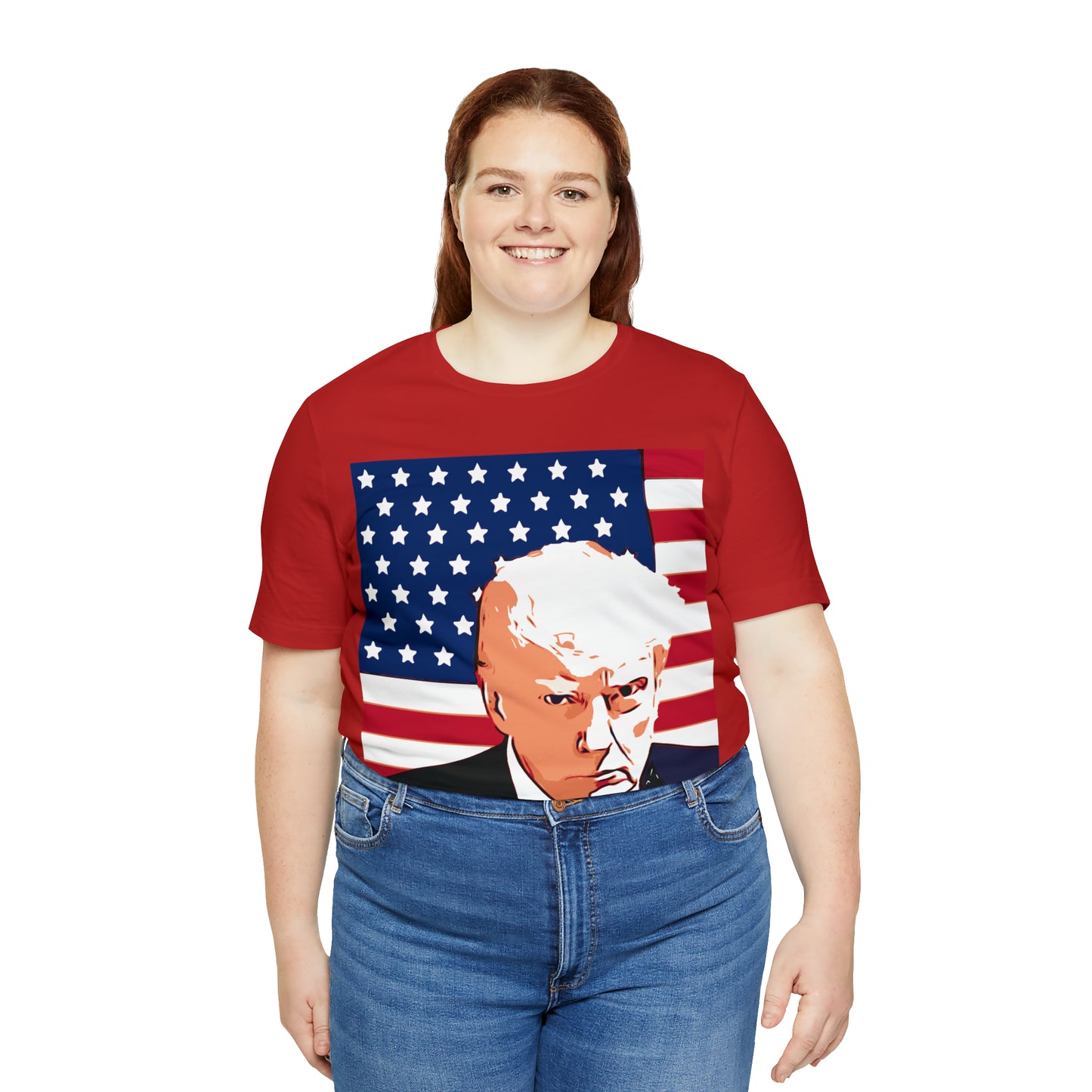 Trump Mug Shot American Flag -   Unisex Jersey Short Sleeve Tee