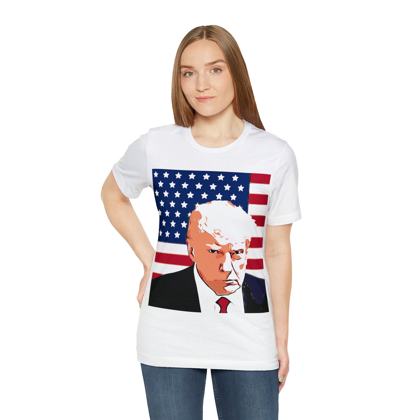 Trump Mug Shot American Flag -   Unisex Jersey Short Sleeve Tee