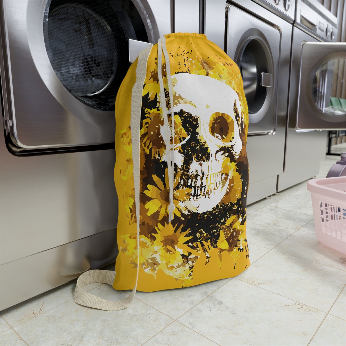 Sunflower Skull Yellow Laundry Bag