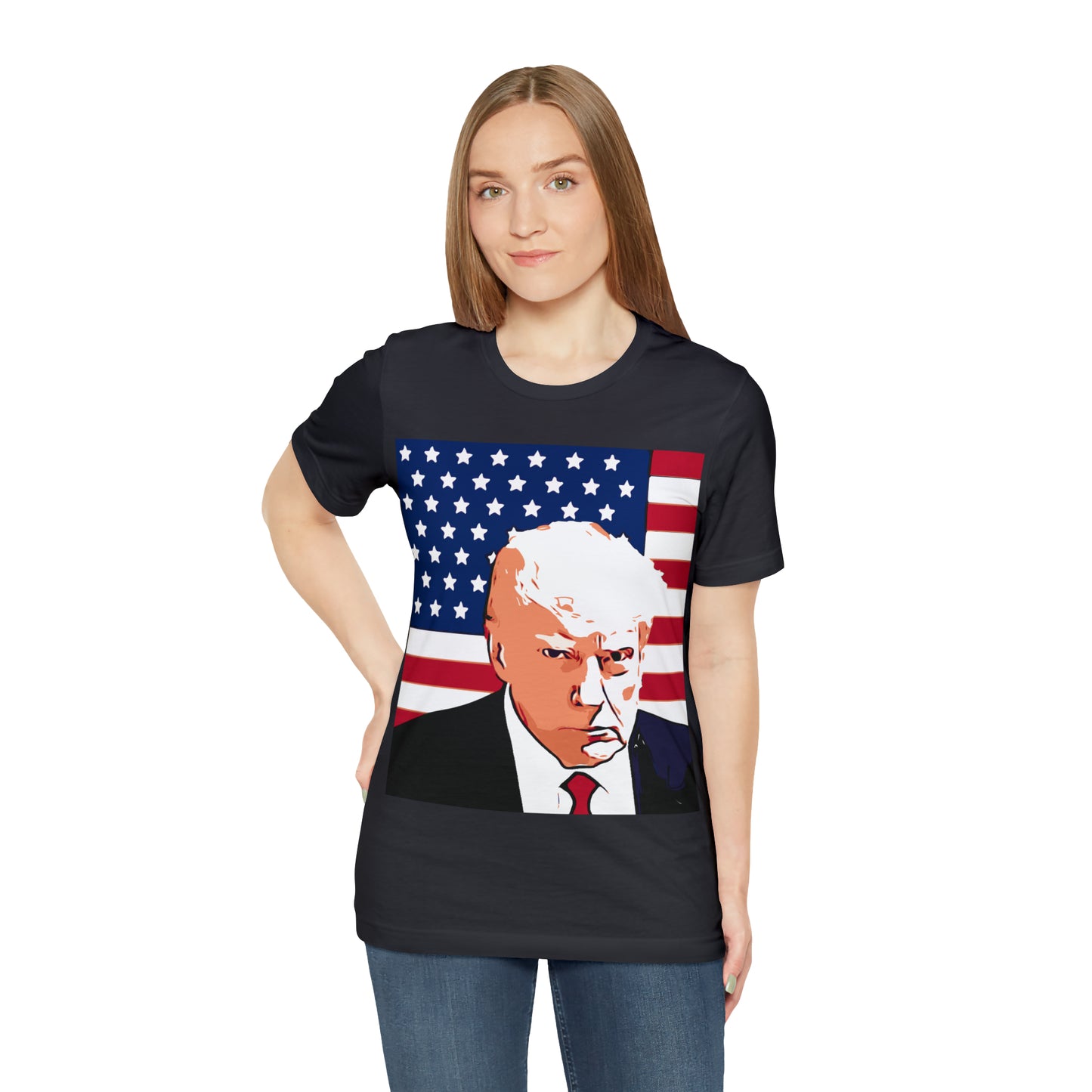 Trump Mug Shot American Flag -   Unisex Jersey Short Sleeve Tee