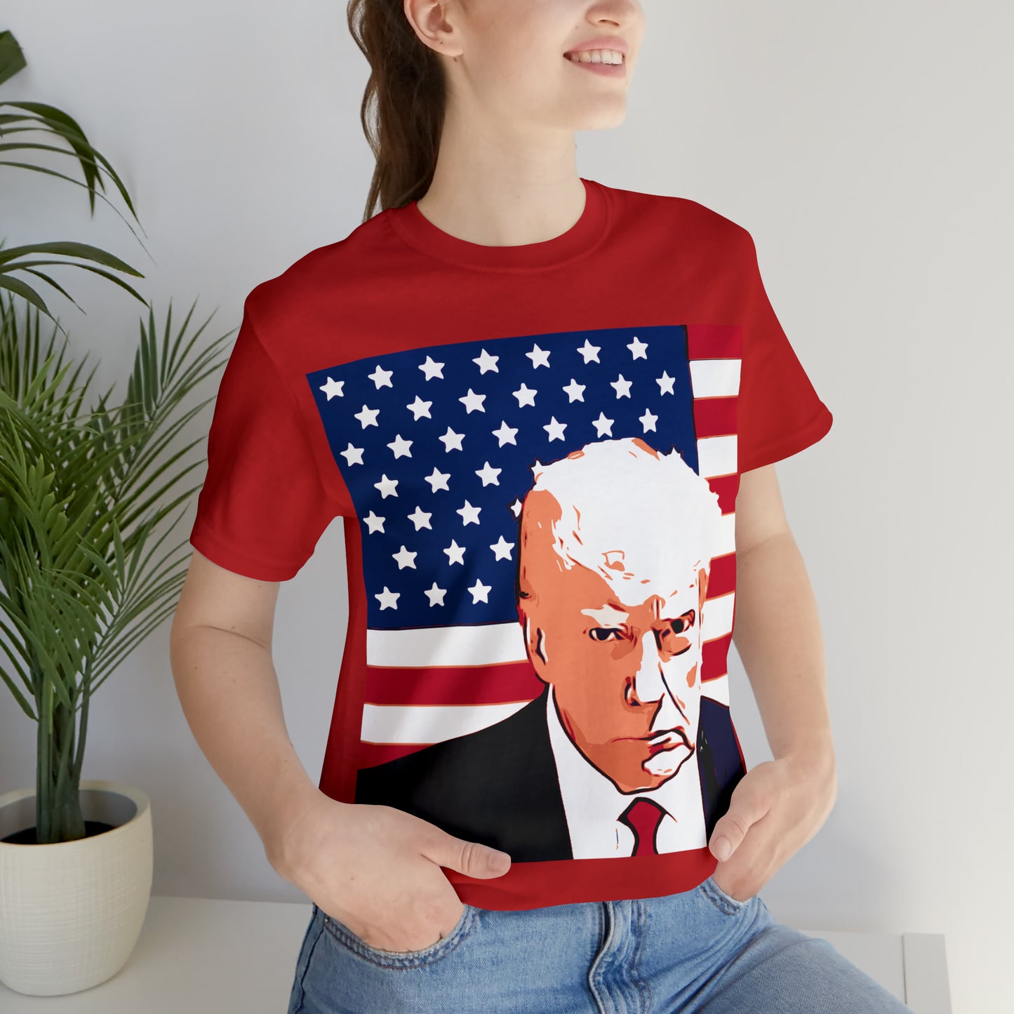 Trump Mug Shot American Flag -   Unisex Jersey Short Sleeve Tee