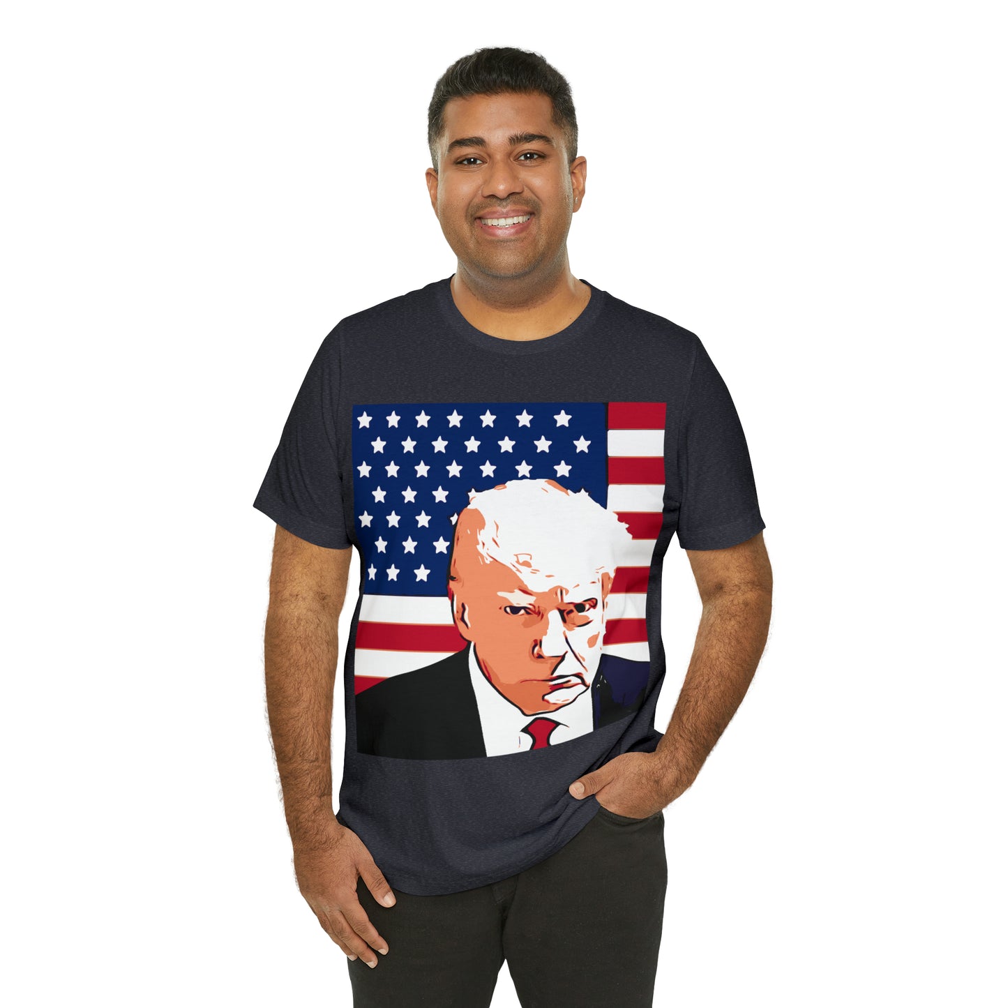 Trump Mug Shot American Flag -   Unisex Jersey Short Sleeve Tee